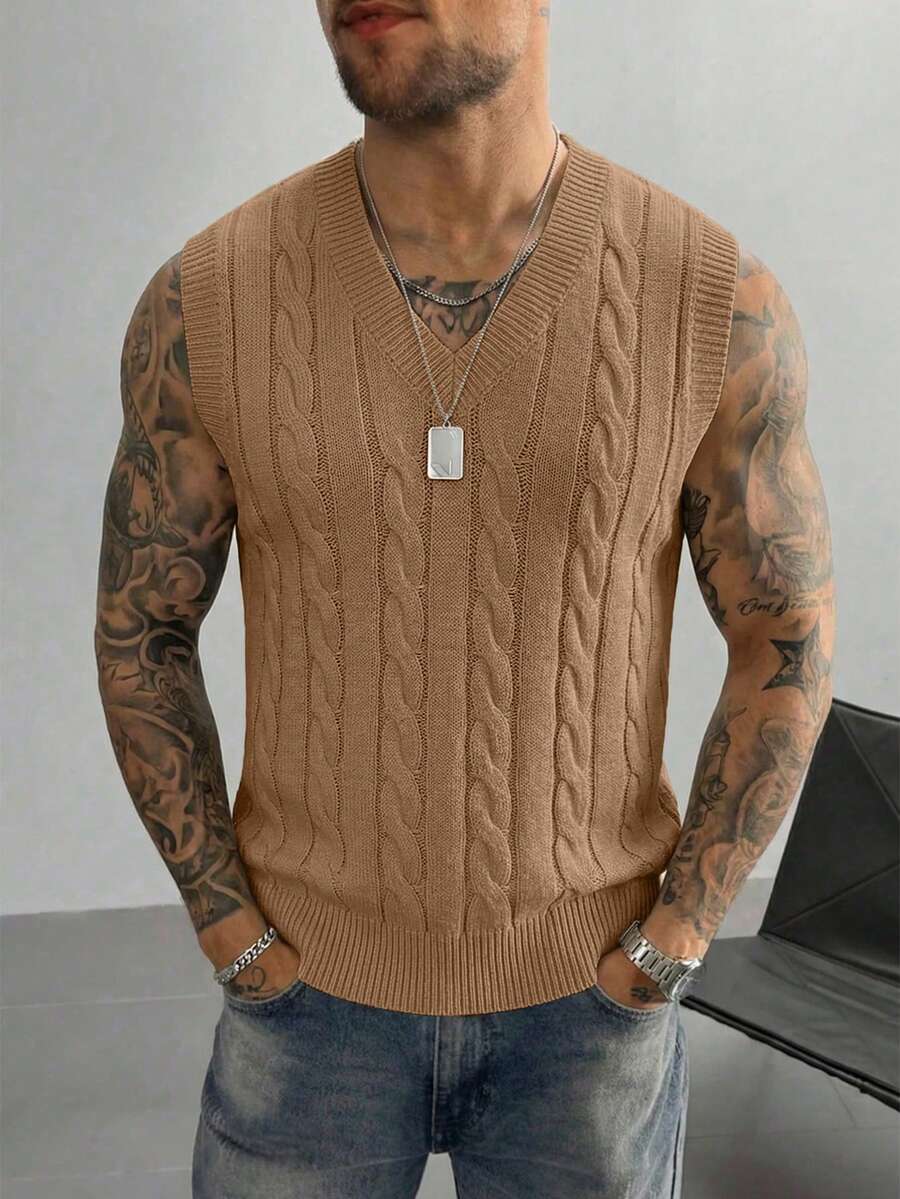 Men's V-Neck Knit Vest Solid Color Sweater, Casual Versatile Everyday Wear - Camel - View 1