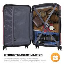 YONSLY 4‑Piece Suitcase Set 16/20/24/28 Inches With Wheels 360° Combination Lock Double Zipper Mesh Pocket Soft Rubber Handle For Vacations And Family - 酒紅色 - 查看 6