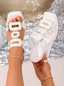 女士性感高跟坡跟凉鞋，厚底金属搭扣镂空设计，优雅单带夏季拖鞋 - 白色 - 查看 4