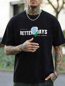 Áo thun nam FRACTYR in họa tiết hoa hồng và gai cổ điển, phong cách đường phố Y2K thường ngày cho mùa hè. - màu đen - Xem 3