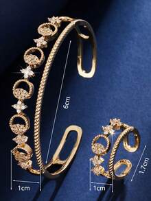 Bộ 2 món sang trọng thiết kế rỗng, thời trang, đính đá Cubic Zirconia, thích hợp cho nữ giới đeo hàng ngày và làm quà tặng. - bộ nhẫn vòng tay - Xem 4