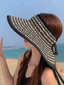 Mũ rộng vành gấp gọn dành cho nữ, mũ xô thoáng khí chống tia UV mùa hè mới, mũ chống nắng kẻ sọc bằng polyester kiểu dáng thường ngày. - mũ - Xem 6