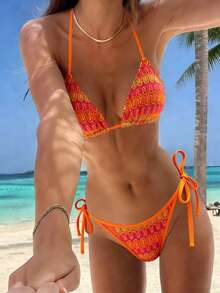 Women's Unique Textured Fabric Bikini Two Pieces Swimsuit, Cute Spaghetti Strap Backless Design Vacation Beach - Orange - View 1