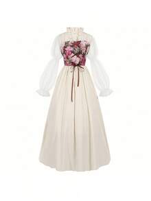Robe longue style cour médiévale vintage avec ceinture, costume de scène - Robe corset blanche de style cour avec couronne de fleurs et oreilles d'elfe - Voir 4