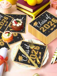 16pcs 2026 Graduation One-Time Paper Napkins, Black & Gold Disposable Napkins With Graduation Cap And Diploma Pattern, Graduation Party Tableware Napkins, Graduation Party Supplies, Congratulations Graduation Party Decorations, Graduation Celebration, Home Decor, Kitchen Decor, Tabletop Decor, Graduation Decorations - Black Gold - View 6