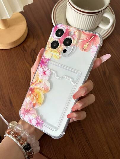 Watercolor Floral Sunflower Pattern Phone Case With Card Slot, Compatible With IPhone 11/17/17pro/13/14/15/15pro/15 Plus/15 Promax/16/16pro/16plus/16promax/7plus/8plus/X/Xs Max/Xr/17Air/12pro/13pro/14pro/17Promax/13mini/11promax/12promax/13promax/14promax/14plus/6/6s/6plus/7/8/Se/17proMax Transparent Card Holder Protective Cover