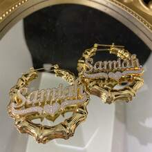 1 Pair Custom Name Bamboo Hoop Earrings For Women, Personalized Bling Nameplate Earrings, Christmas Gift, Party Accessories, Everyday & Party Jewelry - Gold - View 4