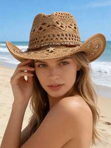 1pc Bohemian Solid Color Beaded Hollow Panama Straw Hat, Casual Protective Decorative Sun Hat, Fashion Versatile, Suitable For Outdoor Activities, All Seasons, Holiday Gift, Mother's Day Gift For Mom, Valentine's Day, Suitable For Vacation, Photography, Women's Gift - MZ3056+ML56 - 查看 2