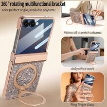 VIETAO Funda protectora para teléfono plegable Galaxy Z Flip 7/6 con Body completo, protector de pantalla de vidrio templado, con soporte circular, lentejuelas y cristales rhinestone, acabado brillante y chapado - Oro champán - Ver 8
