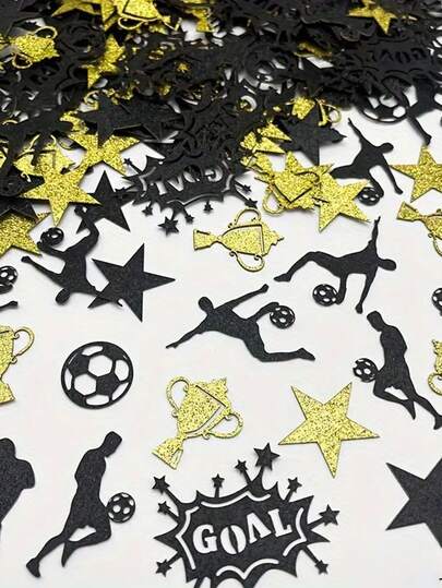 100 piezas de Confeti con Tema de Fútbol - Decoración de Mesa de Cumpleaños Colorida de Fútbol, Suministros de Fiesta de Fútbol con Brillo Negro y Dorado, Trofeo, Jugador y Recortes de Estrellas, Elementos Huecos de Fútbol para la Celebración del Día del Partido, Dispersión de Mesa, Decoración de Escritorio de Fútbol, Regalos de Fútbol, Recortes con Tema Deportivo, Organizadores de Eventos, Decoraciones de Fiesta de Fútbol