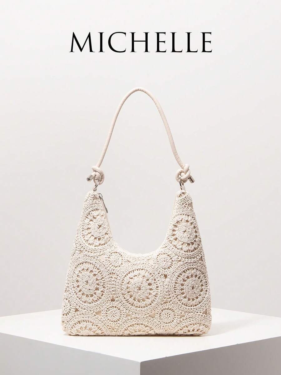 印花波西米亚风单肩包，夏季沙滩包，旅行必备，女士度假装扮，钩针编织套装，优雅女士手提包，送她的礼物（图案随机） - 杏色 - 查看 1