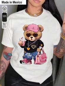 Talla grande1 Pieza Camiseta de Mujer con Estampado, Estilo Realista de Moda, Camiseta Negra con Detalle de Lazo Rosa en la Espalda, 1 PC Camiseta de Cuello Redondo para Mujeres, 180g 100% Algodón Puro, Fresca y Cómoda para la Vida Casual, Deporte, Gimnasio, Viaje, Regalo, Vacaciones de Verano, Día de la Independencia de México - Blanco - Ver 5