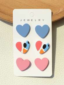 3 Pairs Romantic Cute Heart Shaped Acrylic Earrings With Girl Blue & Pink Printed Pattern, Ceramic Texture - Multicolor - View 3