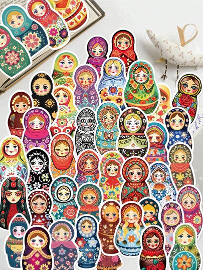 52pcs Russian Nesting Doll Stickers, Waterproof Stickers Suitable For Laptop, Desk, Wall, Water Bottle, Computer, Phone, Skateboard, Guitar, Refrigerator, Scrapbook, Phone Case, Office, School Decoration, Back To School, Birthday Gift, Party Favor Scrapbook Supplies Stationery Funny Stickers Kindle