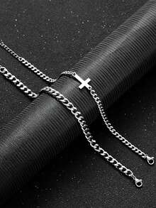 2pcs Stainless Steel Cross Bracelet For Men - Minimalist Religious Style Jewelry, Polished Chain Spiritual Bangle - Ideal Christian Gift For Christmas, Father's Day And Valentine's Day - Silver - View 6