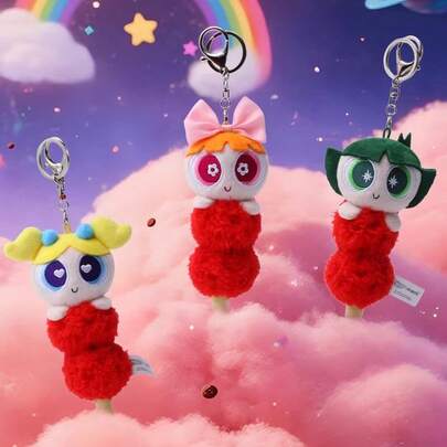 Powerpuff Girls Strawberry Candied Hawthorn Plush Charm, Cute Cartoon Character Pendant, Soft Plush Bag Charm, Kawaii Collectible Decoration, Holiday & Birthday Gift, Snowman Themed Accessory, Lightweight & Portable For Backpacks & Keys