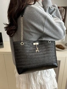 1pc Deer Decor Woven Paper Large Capacity Tote Bag, Suitable For Women's Daily And Beach Use In Spring/Summer - Black - View 5