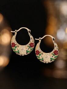 Mexican Style Metallic Hollow Asymmetrical Earrings, Perfect For Parties, Couples Anniversary Gift, Rose Gold Plated, Suitable For Teenagers - Red - View 12