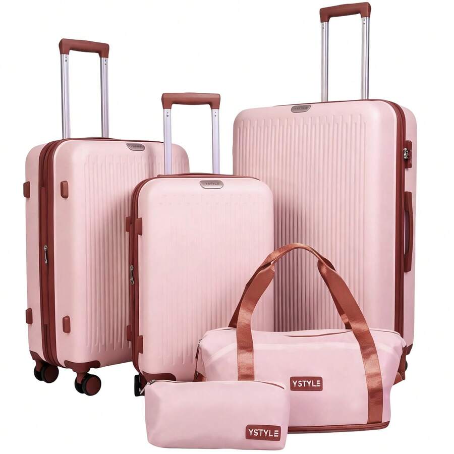 YSTYLE Bagageset 5-delars, expanderbart resväskeset i hårt skal, resväskor med slitstarka spinnhjul och TSA-lås - rosabrun - Visa 1
