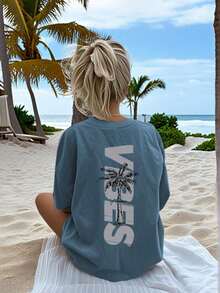 Women's Minimalist Coconut Tree Slogan Print Casual Round Neck Short Sleeve T-Shirt, Simple & Versatile, Suitable For Daily & Holiday Wear.Graphic Tee, Women, White, Black, Pink Summer VacationCasual Daily Wear, Pefert For Summer Vacation Outfits - Gray Blue - 查看 1