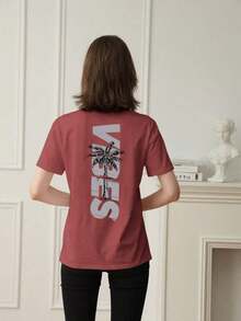Women's Minimalist Coconut Tree Slogan Print Casual Round Neck Short Sleeve T-Shirt, Simple & Versatile, Suitable For Daily & Holiday Wear.Graphic Tee, Women, White, Black, Pink Summer VacationCasual Daily Wear, Pefert For Summer Vacation Outfits - Brick Red - 查看 1