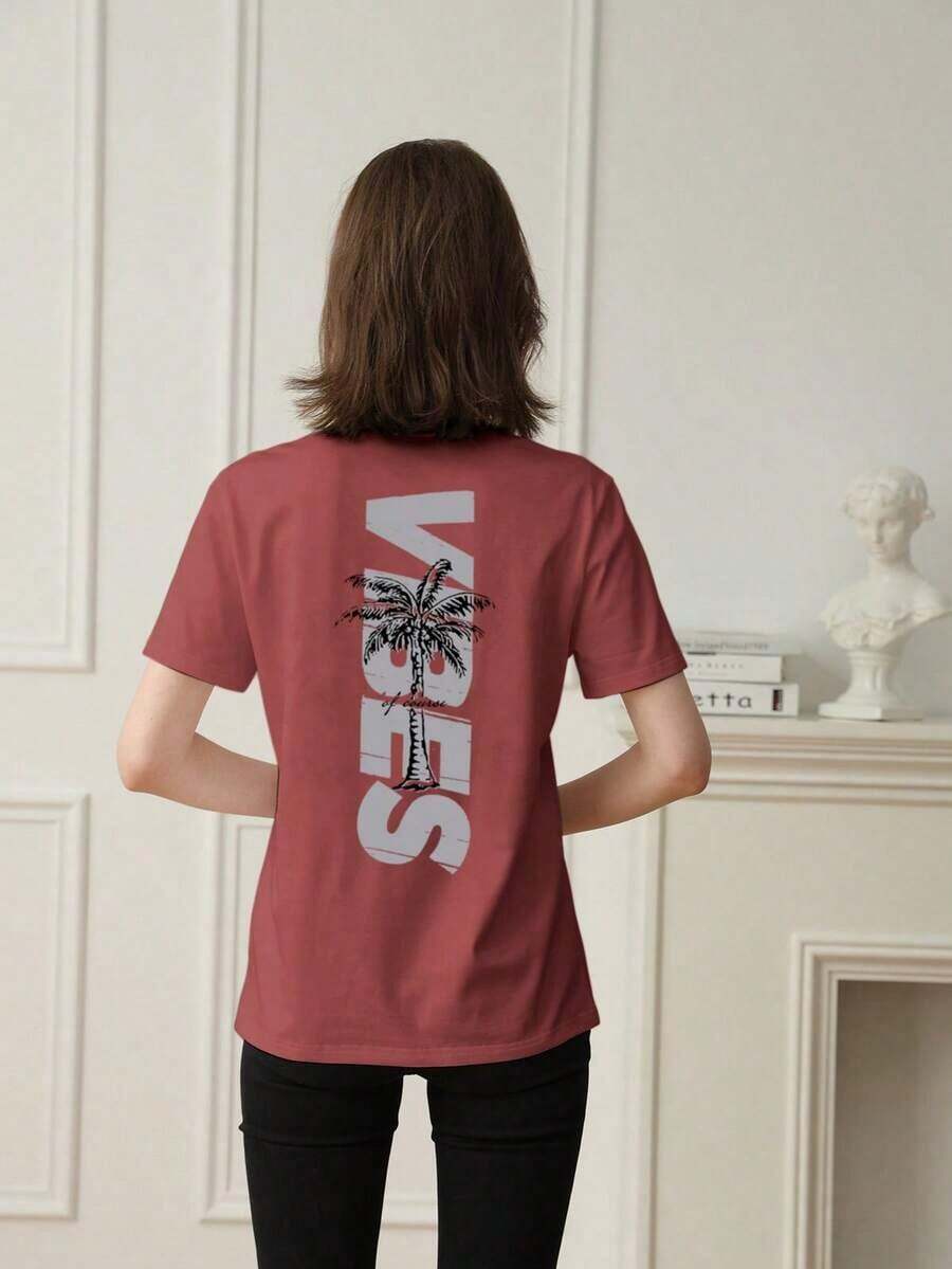Women's Minimalist Coconut Tree Slogan Print Casual Round Neck Short Sleeve T-Shirt, Simple & Versatile, Suitable For Daily & Holiday Wear.Graphic Tee, Women, White, Black, Pink Summer VacationCasual Daily Wear, Pefert For Summer Vacation Outfits - Brick Red - 查看 1