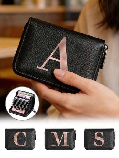 1个PU皮革风琴拉链卡包，饰有玫瑰金字母A-Z，大容量多卡位拉链钱包，便携式信用卡和零钱夹，时尚拉链钱包，商务休闲短款钱包，男女通用，创意礼品，日常出行必备，简约设计，返校季好礼，送给家人、朋友、男女朋友、老师的理想礼物，生日礼物、派对礼物、结婚礼物、周年纪念礼物、母亲节礼物
