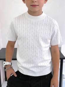 男童基础款纯色麻花针织短袖毛衣，儿童休闲圆领针织上衣，百搭日常针织衫 - 白色 - 查看 2