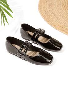 Zapatos Mary Jane planos y poco profundos con doble hebilla, adecuados para faldas y uso diario - Negro - Ver 3