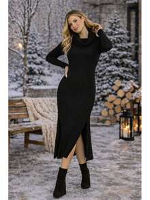 Midi Dress With A Cowl Neck, Long Sleeves, Side Slits, Knit Fabric. - 黑色 - 查看 6