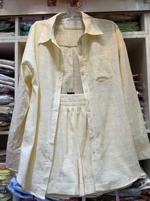Linen Shirt And Shorts Set (2 Pieces), Lined With Elastic. - Champagne - View 2