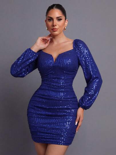 Charming Sweetheart Collar Long Sleeve Sequin Party Dress, Suitable For Date Night, Elegant Gala, Fashion Photography, Romantic Evening, Stylish Gathering
