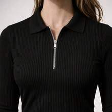 Women's Ribbed Polo Shirt, Long Sleeve, Zipper, Premium Knit Shirt - Black - View 2