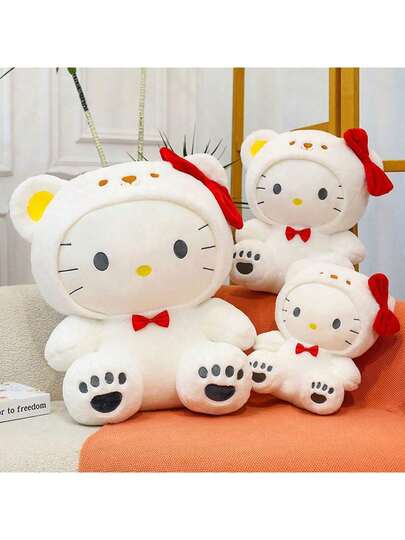 SANRIO 儿童毛绒娃娃变身白色小熊，小猫咪睡姿娃娃，抱枕，KT猫沙发靠垫，生日礼物，适合亲子互动，毛绒玩具