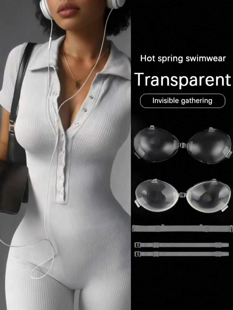1 Pair New 3D Transparent Silicone Adhesive Bra With Detachable Clear Straps & Back Band, Push Up Invisible Sticky Bra For Swimwear, Wedding & Backless Dresses - Multicolor - View 1