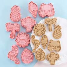 8 件套夏日海滩饼干模具，夏威夷风情饼干切割器，适合夏季度假 - 火烈鸟、时尚眼镜、椰子树、海星、贝壳、西瓜造型 - 彩色 - 查看 3