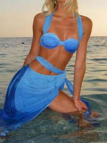 女士休闲蓝色渐变细肩带露背比基尼泳装套装，高弹半透明泳装，适合度假海滩夏季穿着 - 彩色 - 查看 4