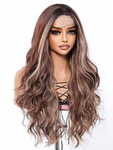 26 Inch Long Straight U-Part Seamless Bangs Synthetic Wig, Brown Mixed With White Natural Middle Part Wig, Shiny Golden Hair - Brown Highlight - View 6