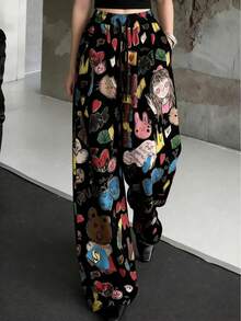 女士卡通印花阔腿裤，宽松休闲裤 - 黑色 - 查看 3