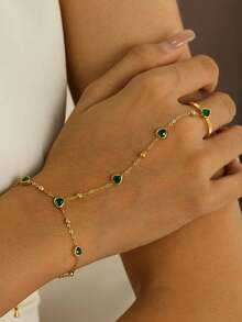 1pc Stainless Steel Finger Chain Jewelry, Fashionable Niche Design Sense Glass Heart Pendant, & Versatile - Gold - View 1