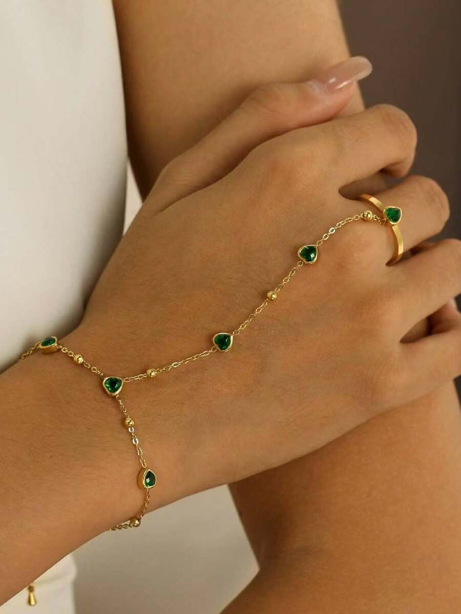 1pc Stainless Steel Finger Chain Jewelry, Fashionable Niche Design Sense Glass Heart Pendant, & Versatile - Gold - View 1