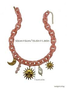 1件金色不锈钢日月吊坠项链，搭配粉色亚克力云朵效果链，适合夏季外出、旅行和赠送朋友 - 粉紅色鏈條+太陽吊墜 - 查看 2