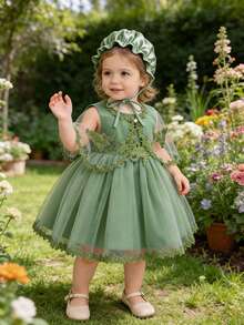 0-2岁女婴三件套蕾丝连衣裙套装，白色洗礼服，适合派对穿着 - 綠色 - 查看 3