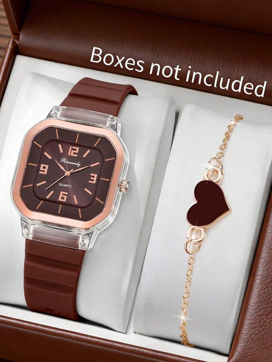 两件套简约休闲女士石英表，复古优雅风格硅胶石英表套装，包括深棕色硅胶表带、透明表壳、方形表盘女士手表和心形手链 - 棕色 - 查看 1