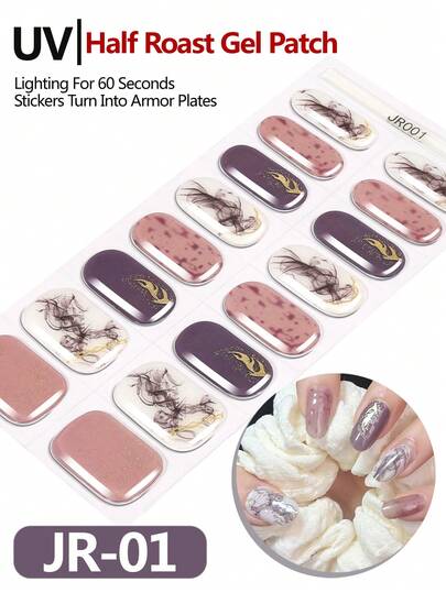 16pcs Semi-Cured Gel Nail Stickers, UV Gel Nail Stickers, Salon Quality Nail Stickers, Nail Stickers Protect Against UV, DIY Nail Stickers For Home Use
