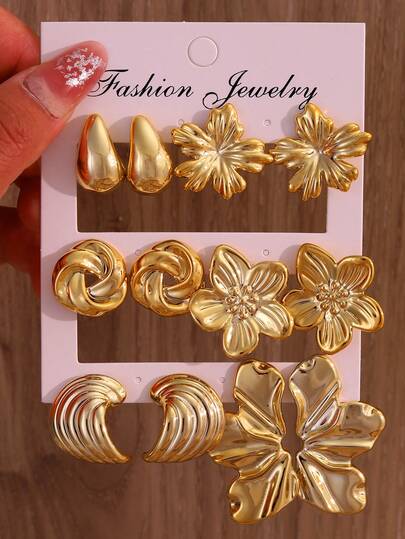 12pcs Men's Fashion Earring Set, Including Everlasting Flower, Round Wrapped, Five-Petal Flower, Small Teardrop, Left & Right Floral Designs, Made Of ABS Resin With UV Gold Plating, Low-Allergy Thick Gold Earrings, Elegant For Daily Wear, Parties, Gifts For Friends, Wives, Mothers