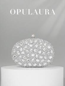 OpulAura 1件装闪亮银色奢华水钻装饰女士手提包，时尚水钻点缀晚宴手拿包，配金属链，适合正式场合、派对、婚礼、生日、情人节礼物 - 銀色 - 查看 10