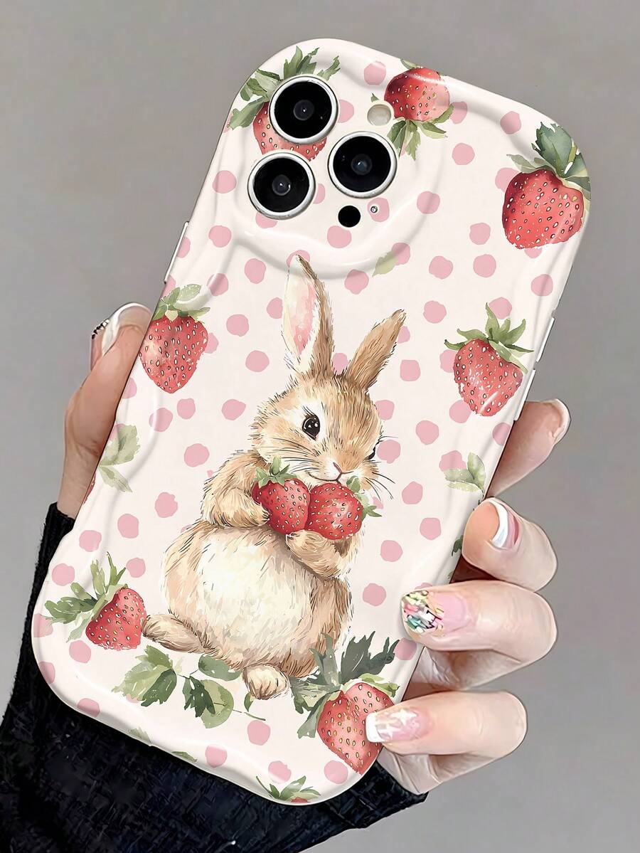 1pc Cute Rabbit & Strawberry Pattern Soft Cream Wavy Edge Personalized Phone Case, Suitable For IPhone 11/12/13/14/15/16/17 Pro Max - Multicolor - View 1