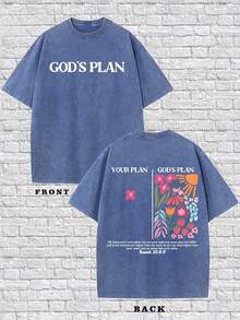 Plus Size M-5XL, Men's Vintage Washed Christian T-Shirt, 'GOD'S PLAN' Slogan Printed T-Shirt, Floral Pattern T-Shirt, 230g Pure Cotton Loose T-Shirt, Unisex T-Shirt, GOD T-Shirt, Large Size T-Shirt, High-Quality Vintage Christian T-Shirt, Suitable For Spring And Summer Fashion Streetwear - 藍色 - 查看 1