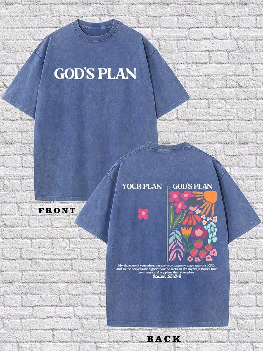 Plus Size M-5XL, Men's Vintage Washed Christian T-Shirt, 'GOD'S PLAN' Slogan Printed T-Shirt, Floral Pattern T-Shirt, 230g Pure Cotton Loose T-Shirt, Unisex T-Shirt, GOD T-Shirt, Large Size T-Shirt, High-Quality Vintage Christian T-Shirt, Suitable For Spring And Summer Fashion Streetwear - 藍色 - 查看 1
